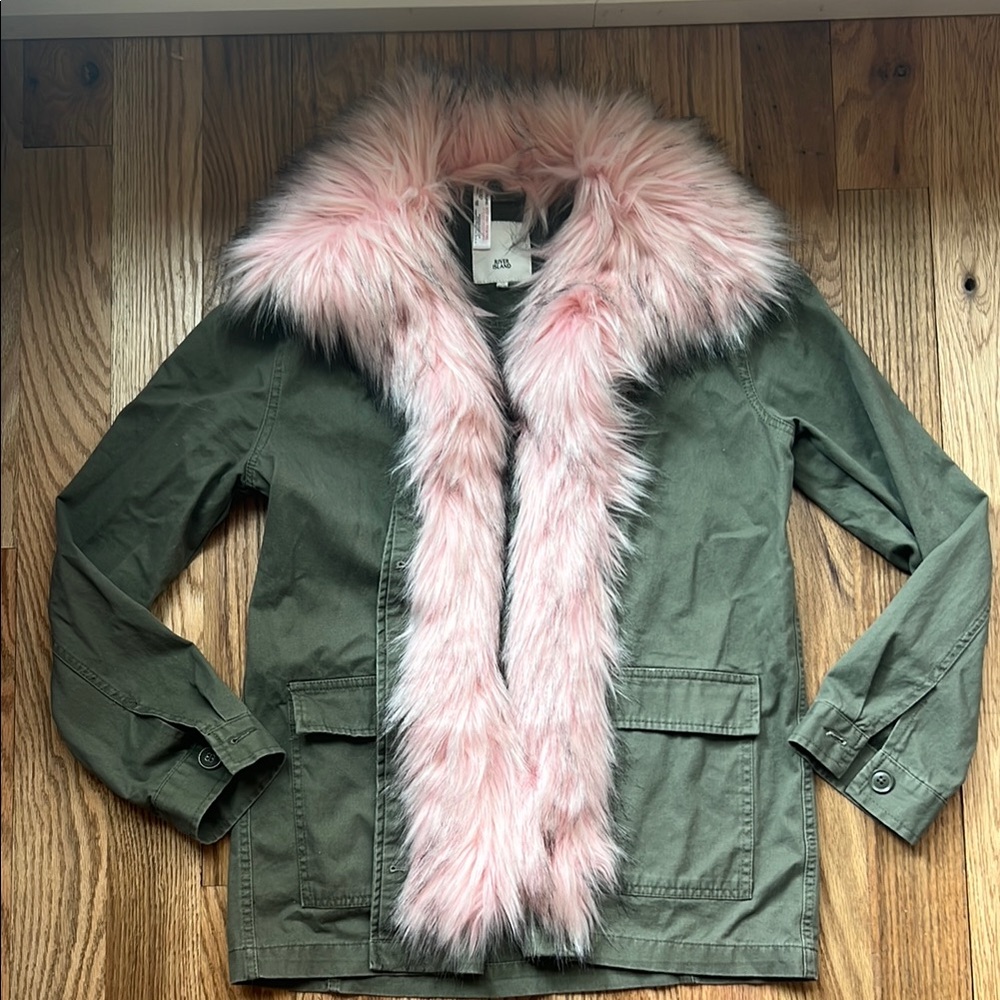 River Island Oversized Green Utility Jacket w/ Removable Pink Faux Fur Trim S/M